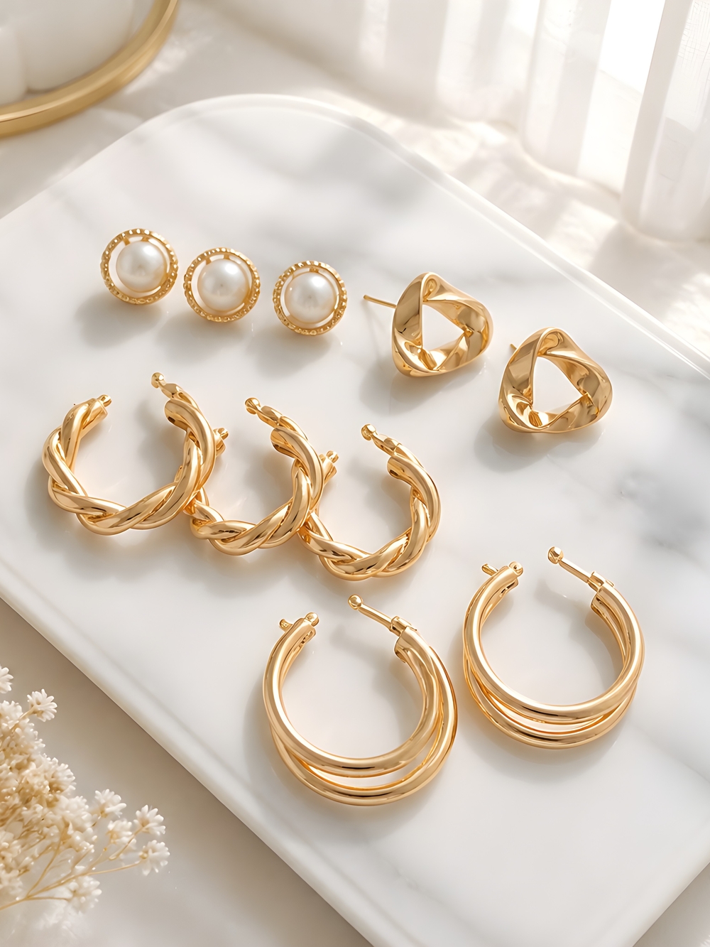 Fashion Jewelry Gold Hoop & Pearl Stud Earring Set